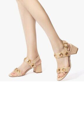 YDN Gold Open Toe Sandals Chunky Dressy Low Heels Backstrap with Buckle Shoe